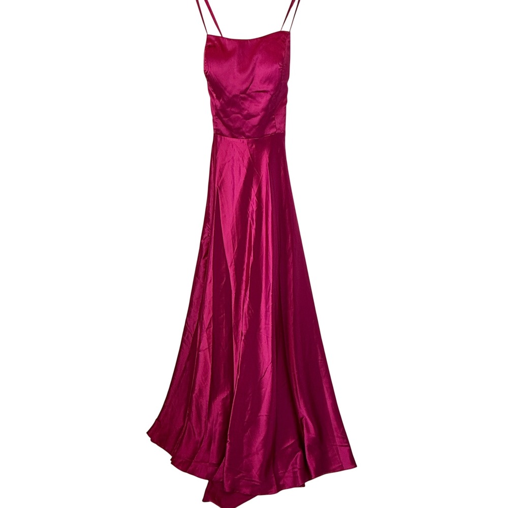 Magenta Pink Satin Lace Up‎ Back Prom Dress Ball Gown Square Neck Size 16